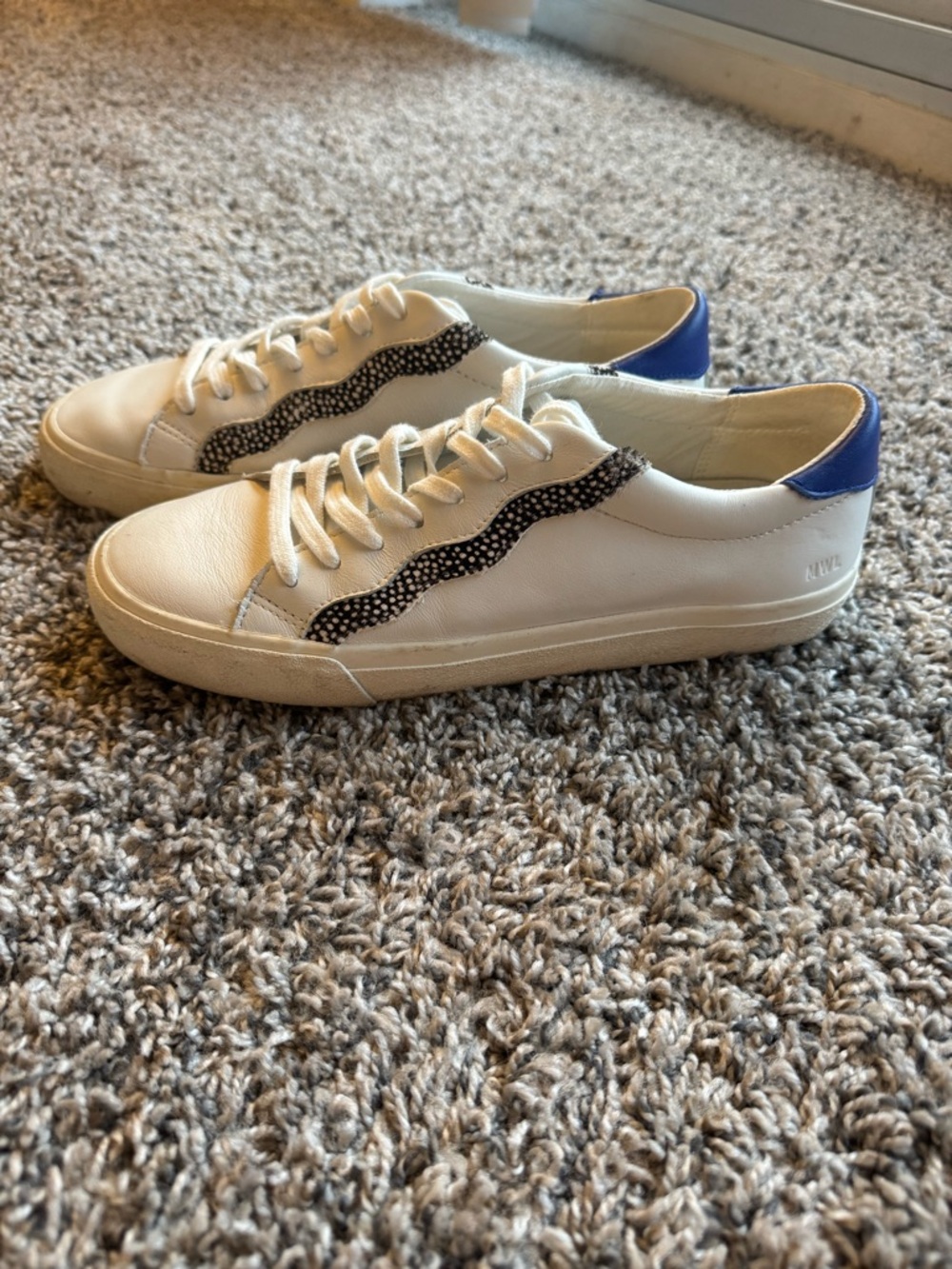 Madewell White Leather Sneakers with Blue Heel and Black Patterned Side